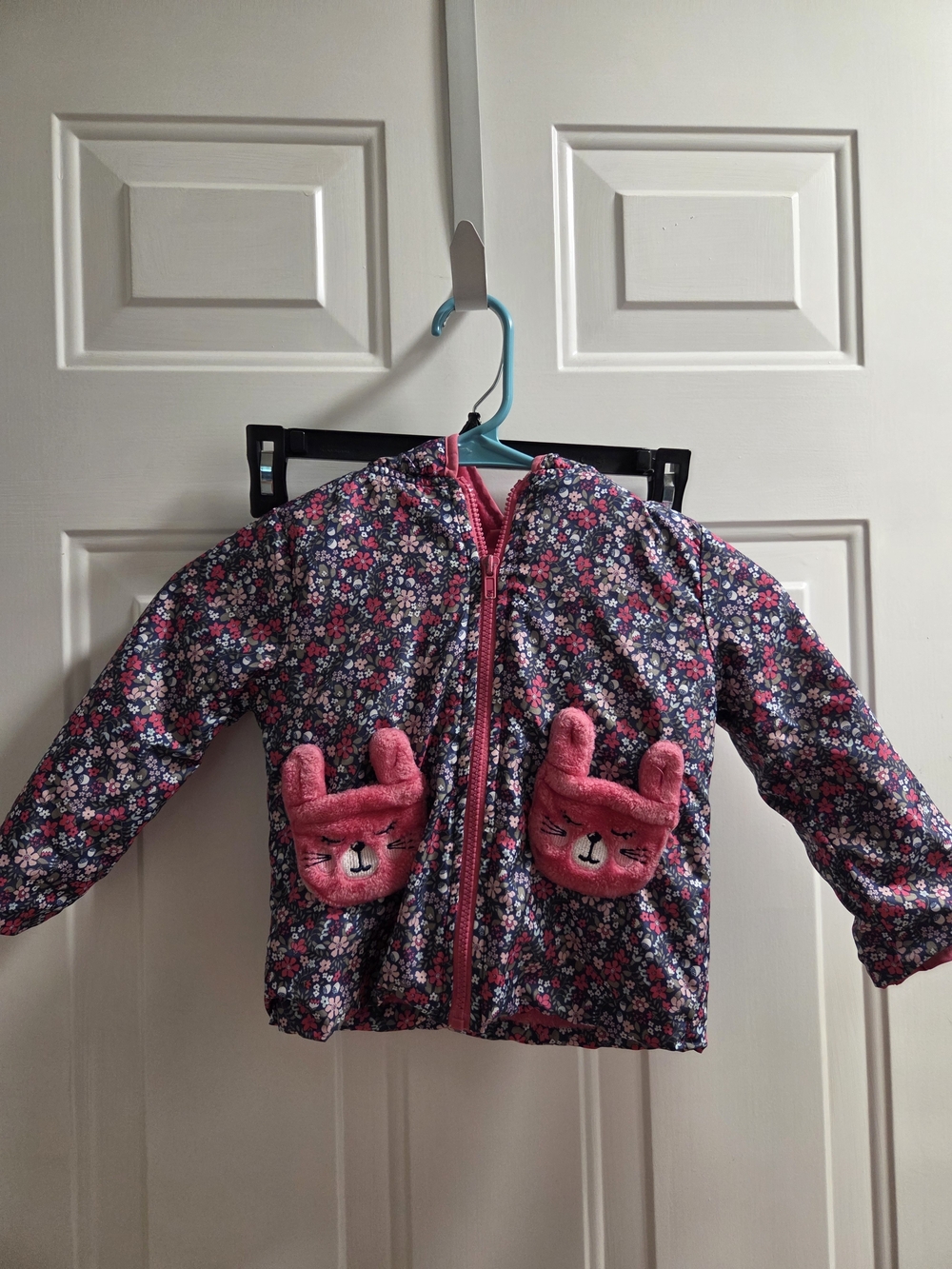 Penelope Mack Girls Floral Puffer Jacket with Pink Bunny Pockets